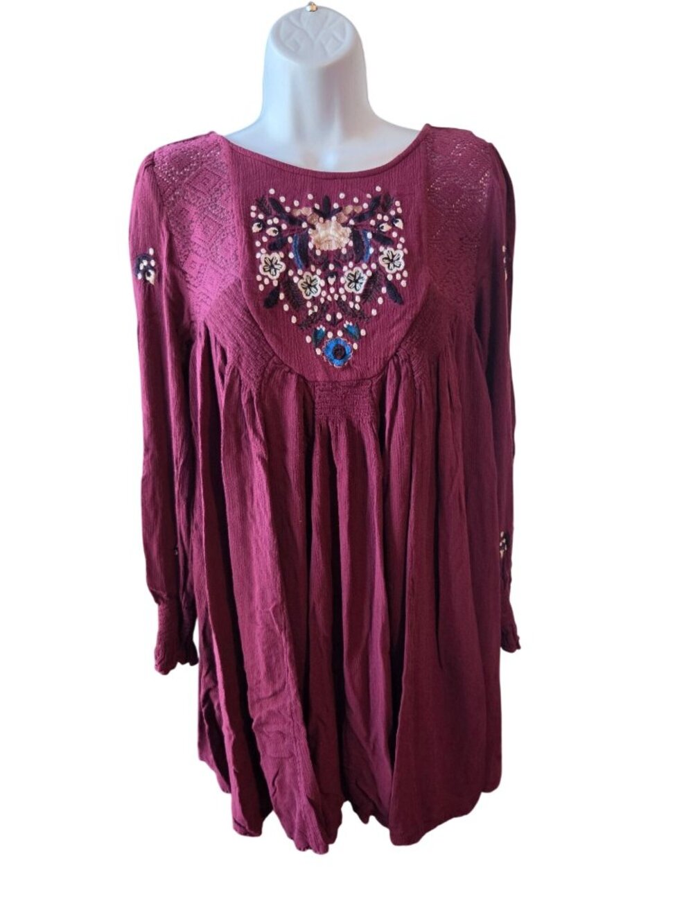 Free People Mojave Mini Dress S Burgundy Babydoll Embroidered Lace Romantic Boho